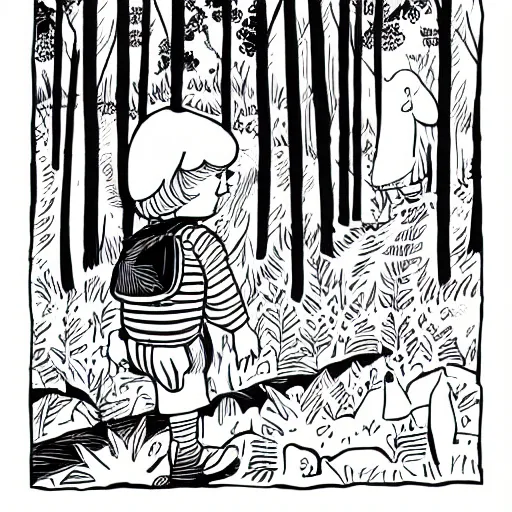 Image similar to mcbess illustration of a little boy with a blue backpack in a forest