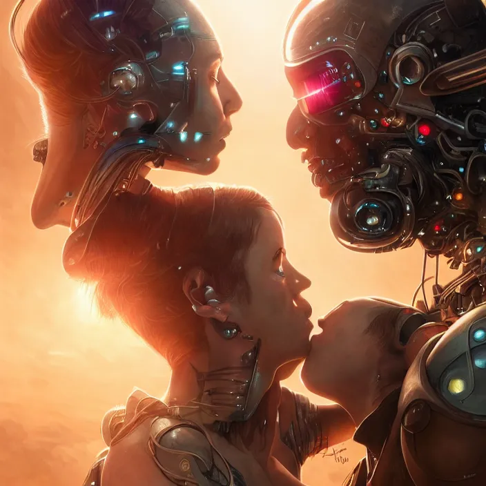 Image similar to ultra realistic medium shot of a couple of cyborgs kissing, lovers, cyberpunk, sci - fi, fantasy, kodak, colour led, soft light, volumetric lighting, night, intricate, highly detailed, digital painting, concept art, smooth, sharp focus, illustration, art by artgerm and greg rutkowski and alphonse mucha