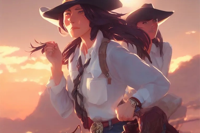 Image similar to western cowgirl, single subject, scenic full shot, ambient lighting, detailed face, by makoto shinkai, stanley artgerm lau, wlop, rossdraws