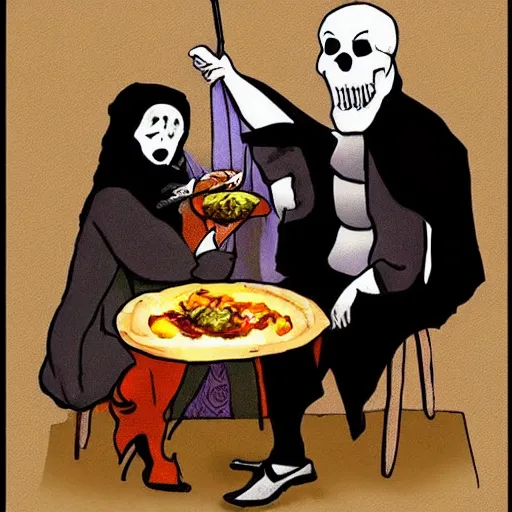 Prompt: the grim reaper and terry pratchett sharing a curry, in the style of josh kirby