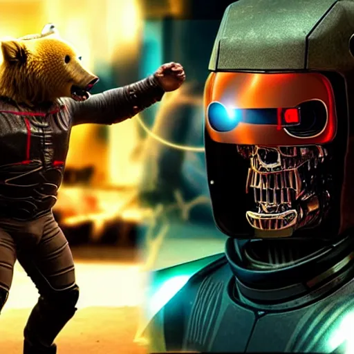 Prompt: a terminator android dressed as a cowboy superhero while wrestling a bear, 8 k, movie still, high detail, hyperrealistic, 2 0 7 7, cyberpunk aesthetic