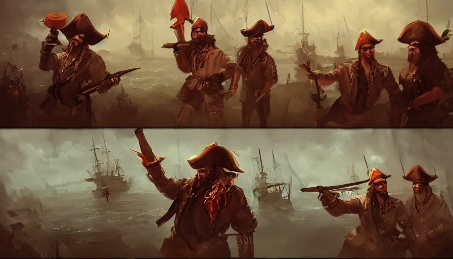 Image similar to visual storytelling, concept art of pirates by jama jurabaev, trending on artstation, high quality, brush stroke