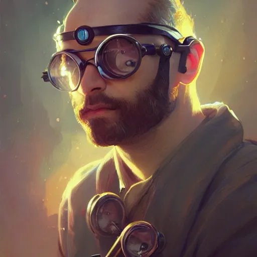 Image similar to an inventor, goggles on forehead, thin beard, d & d, fantasy, intricate, cinematic lighting, highly detailed, digital painting, artstation, concept art, smooth, sharp focus, illustration, art by artgerm and greg rutkowski and alphonse mucha