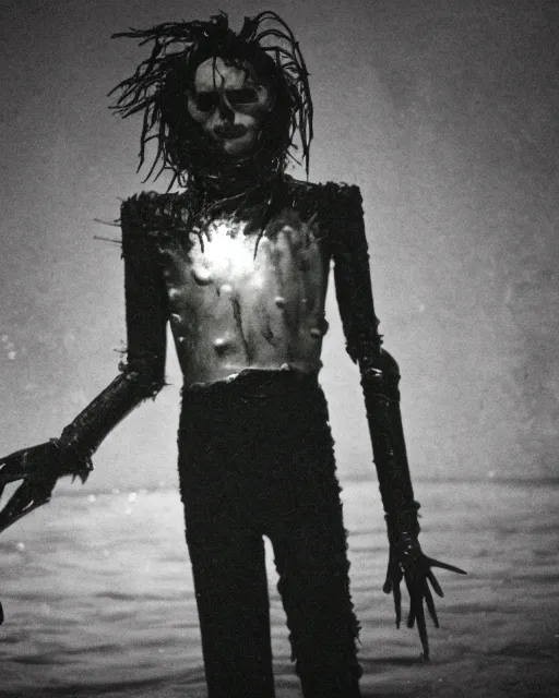 Prompt: a cursed image of edward scissorhands in a dark, closed swimming pool, really scary, looking this way.