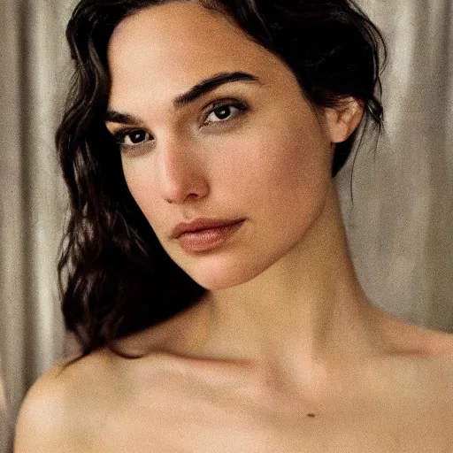 Image similar to a beautiful close - up shot of gal gadot, beautiful soft light failling on her face, studio photography by annie leibovitz