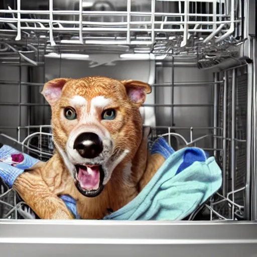 Image similar to jerma 3 4 5 1 stuck in the dishwasher he can't get out, realistic, hdr, clear image, hdd, dynamic lighting,