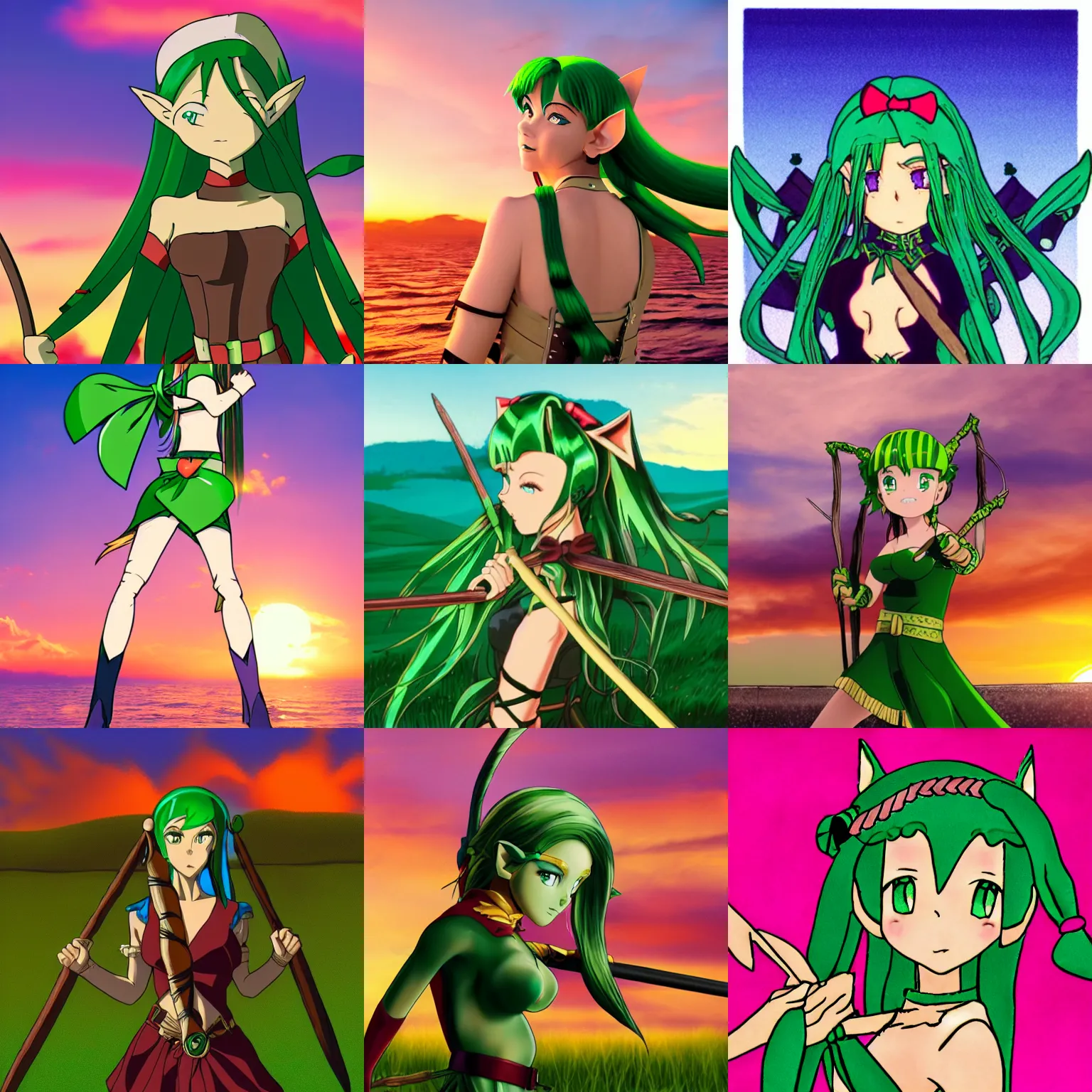 Prompt: elf woman with green hair in a braid posing with a bow and quiver against a sunset background, 90s anime style