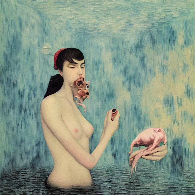 Image similar to tall female emo artist holding a pig in her flooded apartment, mushrooms, octopus, water gushing from ceiling, painting of flood waters inside an artist's apartment, a river flooding indoors, pomegranates, pigs, ikebana, zen, river, rapids, waterfall, black swans, canoe, berries, acrylic on canvas, surrealist, by magritte and monet