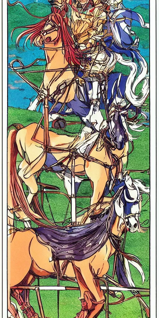 Prompt: a chariot drawn by horse in japan, 1990s anime, full color, tarot card the chariot,