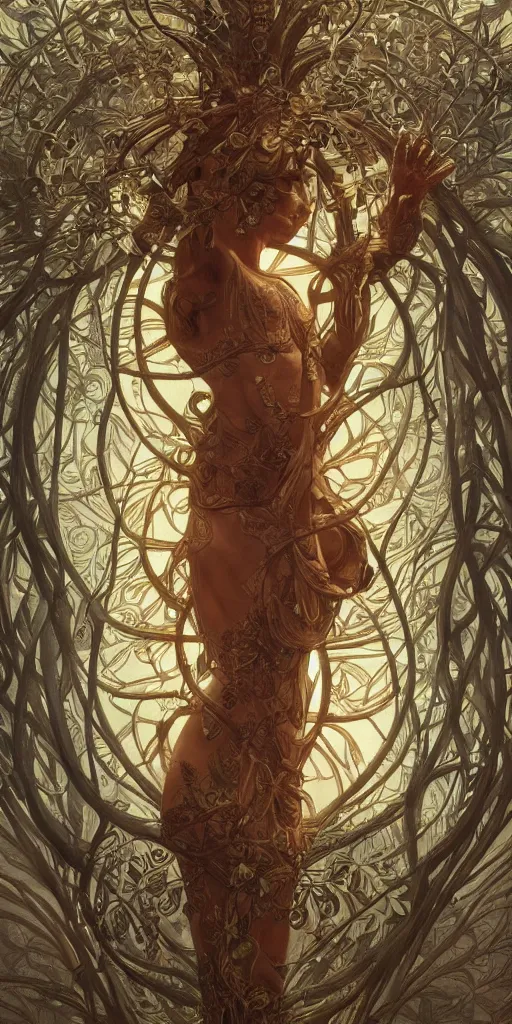 Image similar to ultra realistic illustration, a statue of the tree of life, intricate, elegant, highly detailed, digital painting, artstation, concept art, smooth, sharp focus, illustration, art by artgerm and greg rutkowski and alphonse mucha