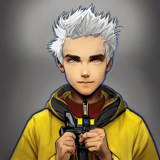 Image similar to detailed 2 d picture a boy with white hair, wearing yellow with red pattern hoodie holding a riffle in the style of artgerm and greg rutkowski and alphonse mucha