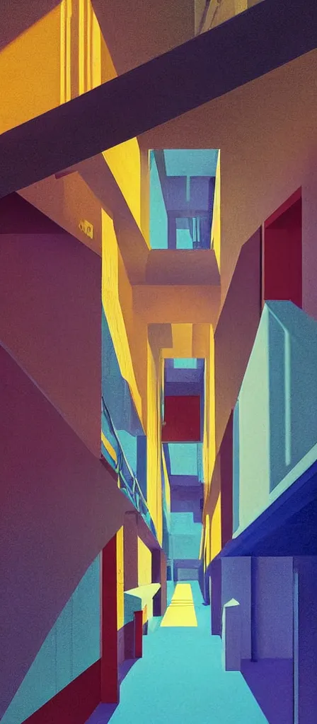 Image similar to colorful minimalist industrial interior infinity stairwell hallway with monolithic pillars in the style of ridley scott and stanley kubrick, impossible stijl architecture, lone silhouette in the distance, ultra wide angle view, cinematic, god rays, volumetric lighting, realistic detailed painting by edward hopper