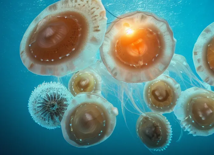 Prompt: a group of jellyfish swimming in the ocean, by otto pilny, shutterstock contest winner, ecological art, bioluminescence, fisheye lens, wide lens