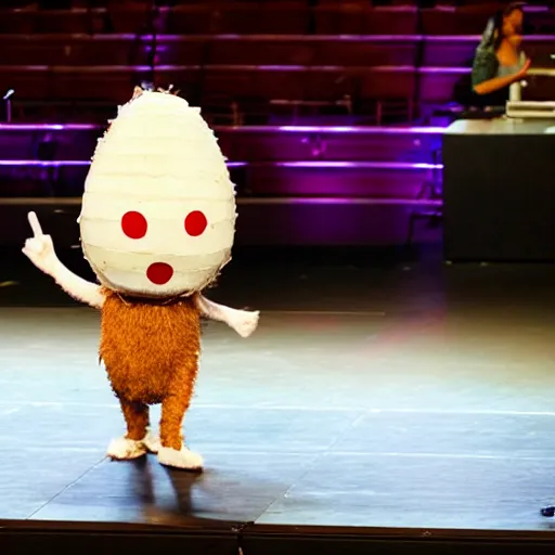 Prompt: anthropomorphic coconut walking on stage,