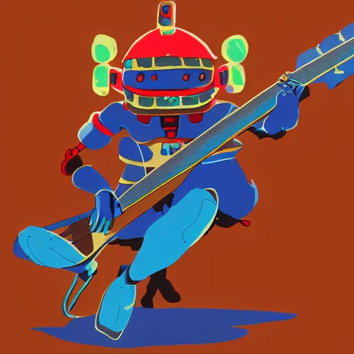 Image similar to A cell animation of a samurai robot playing guitar, Nausicaa of the Valley of the Wind, Miyazaki Hayao, ghibli style, illustration, azure tones, vintage colors, anime, trending on artstation