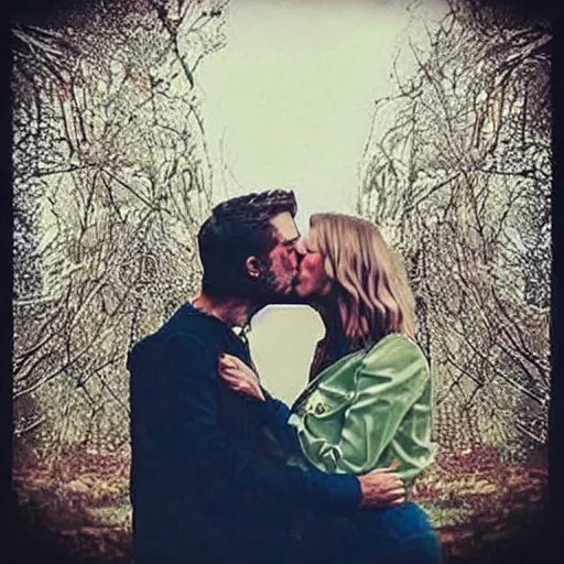 Prompt: Instagram post, creepy couple kissing
