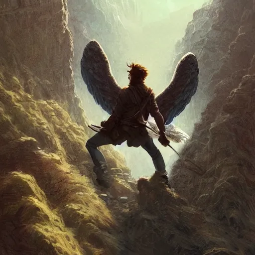 Image similar to angel protecting man falling from a cliff, detailed intricate ink illustration, happy atmosphere, detailed illustration, hd, 4k, digital art, overdetailed art, by greg rutkowski, by loish, complementing colors, Trending on artstation, movie poster style