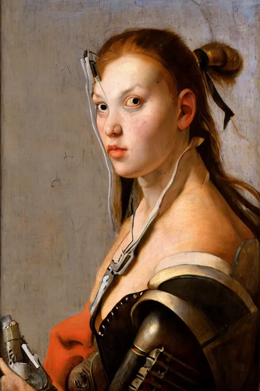 Prompt: a close - up portrait of a cyberpunk cyborg girl, by jan steen, rule of thirds