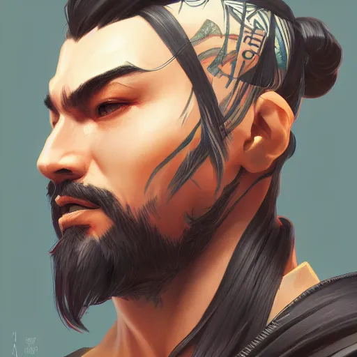 Image similar to character portrait of Hanzo from Overwatch, dystopian mood, intricate, wild, highly detailed, digital painting, artstation, upper body, concept art, smooth, sharp focus, illustration, art by artgerm and greg rutkowski and alphonse mucha