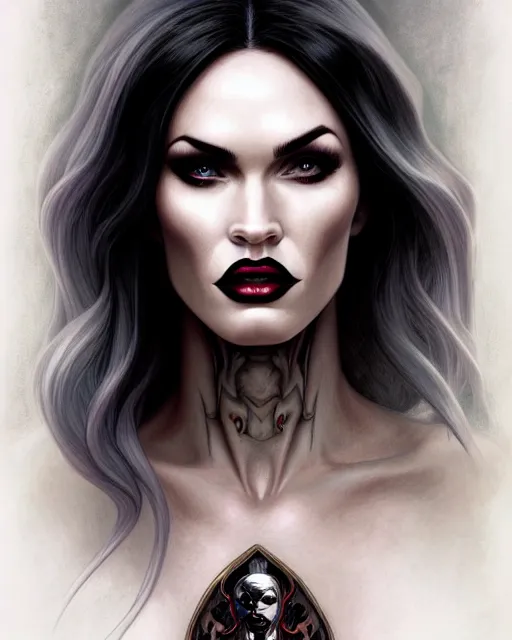 Image similar to portrait of megan fox as lady death, albino, lady death, chaos comics, coffin comics, hell, intricate, headshot, highly detailed, digital painting, artstation, concept art, sharp focus, cinematic lighting, illustration, art by artgerm and greg rutkowski, alphonse mucha, cgsociety