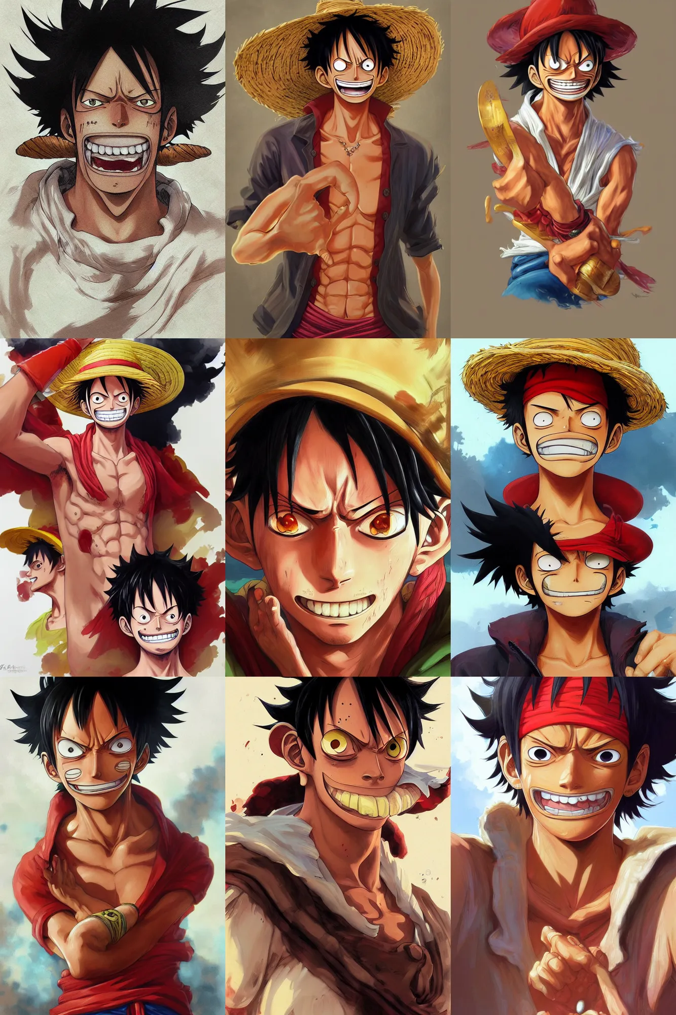 Prompt: portrait of Luffy from One Piece, highly detailed, digital painting, artstation, concept art, sharp focus, illustration, art by artgerm and greg rutkowski and alphonse mucha