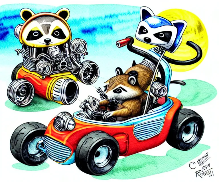 Image similar to cute and funny, racoon wearing a helmet riding in a tiny hot rod with oversized engine, ratfink style by ed roth, centered award winning watercolor pen illustration, isometric illustration by chihiro iwasaki, edited by range murata, tiny details by artgerm and watercolor girl, symmetrically isometrically centered and focused