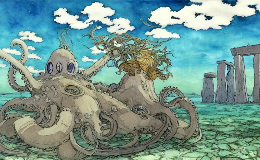 Image similar to a hyperrealist studio ghibli watercolor fantasy concept art. in the foreground is a giant grey octopus lifting a stone. in the background is stonehenge. the scene is underwater on the sea floor. by rebecca guay, michael kaluta, charles vess