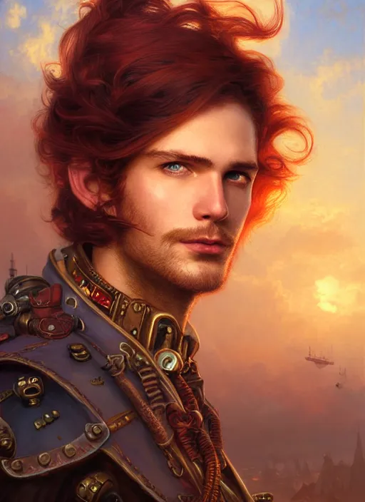 Prompt: portrait painting of a handsome face rugged long hair crimson hair male captain, top half portrait soft hair steampunk ornate mechanical zeppelin airship in the background sky sunset golden hour fantasy soft hair deviantart book cover art dramatic volumetric lighting art by wlop greg rutkowski gaston bussiere