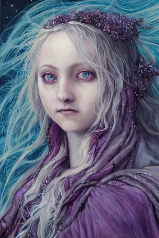 Prompt: breathtaking detailed painting of luna lovegood, by ayami kojima and brom, gauze dress of amethyst, detailed realistic facial features, amalgamation of magical stars, 8 k, concept art, matte, sharp focus, rembrandt style