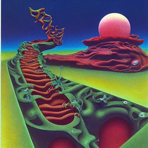 Prompt: new visions of hell, very detailed and colorful, by August Mobius, by Roger Dean, by M.C. Escher, beautiful, eerie, surreal, psychedelic