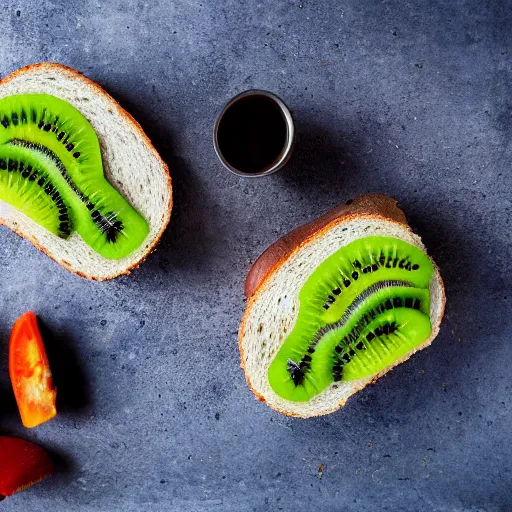 Prompt: a photo of a sandwich of kiwi, professional, studio, 4 k