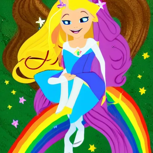 Prompt: a princess with extremely long blond hair from a cartoon riding a unicorn over a rainbow, pixar style