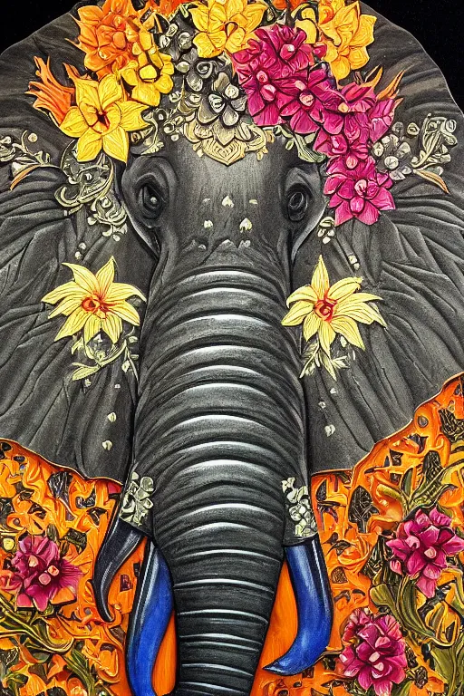 Image similar to Painted dark-wood panel relief carving of a close up of a Flowerpunk Matriarch Elephant, ornate border frame, explosion of colorful flowers, dark wood, intricately carved, black ink, festival of rich colors, intricate details, cinematic lighting, volumetric lighting, post-processing, art nouveau, by andreas rocha and john howe, and Martin Johnson Heade, featured on artstation, featured on behance, golden ratio, hyper detailed, photorealistic, epic composition, center spotlight, f32, well composed, symmetrical, UE5, 8k