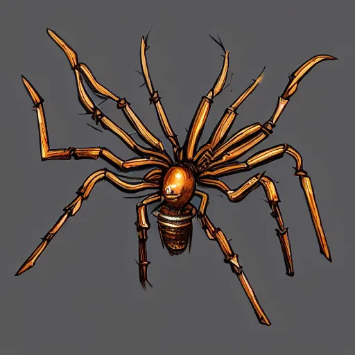 Prompt: 2d game art of steampunk spider, game character design, articulated joints, detailed, blank background