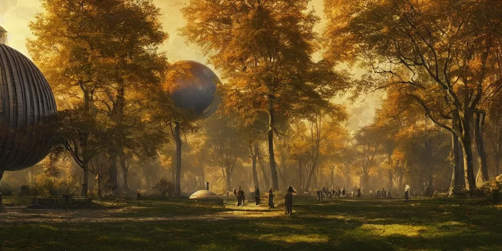 Image similar to a woodland city and park with a glorious spherical sci-fi building at its centre, bright and sunny day, autumn, Greg Rutkowski and Ivan Shishkin