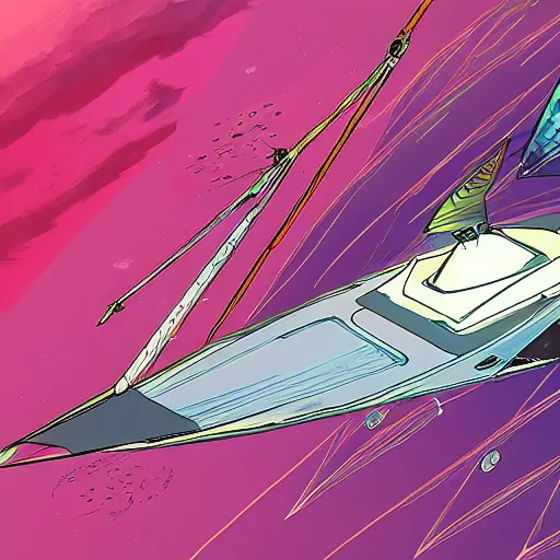 Image similar to futuristic sailboat mid-journey with solar sails and a robot! captain! and crew in a Marvel!!!!!!!! comic! style , digital art, 8k, birds eye view