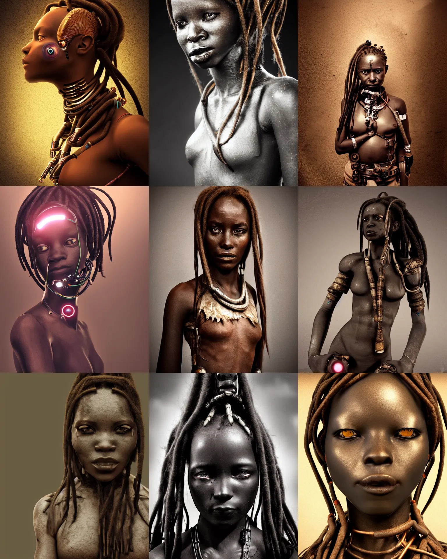 Prompt: futuristic himba young woman, glowing mechanical eye camera, mechanical limbs, cybernetic dreadlocks, realistic concept art, dramatic lighting, intricate, depth of field, upper body, sepia