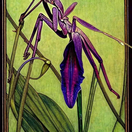 Image similar to potrait of an orchid mantis by William Morris and Carlos Schwabe, horizontal symmetry, exquisite fine details, Art Nouveau botanicals, deep rich moody colors