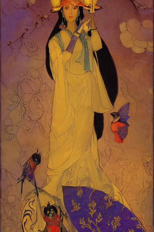 Image similar to queen of the dawn with her lantern and birds, by Nicholas Roerich and Annie Swynnerton, elaborate headdress and embroidered velvet, iridescent beetles, rich color, dramatic cinematic lighting, extremely detailed