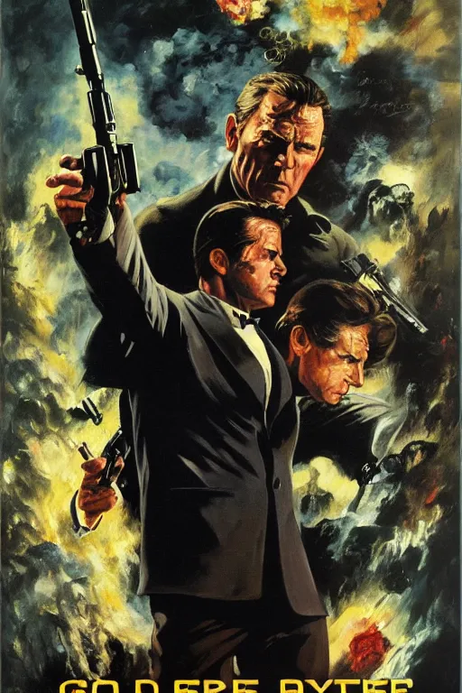 Prompt: Movie poster of 007 Goldeneye, Highly Detailed, Dramatic, A master piece of storytelling, by frank frazetta, ilya repin, 8k, hd, high resolution print