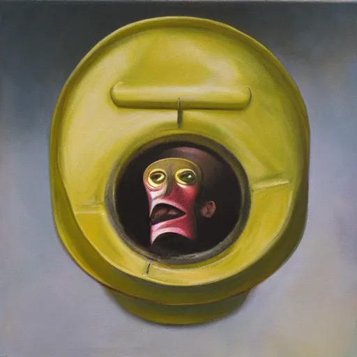 Image similar to a tin can with a face, opening its mouth, surrealist oil painting
