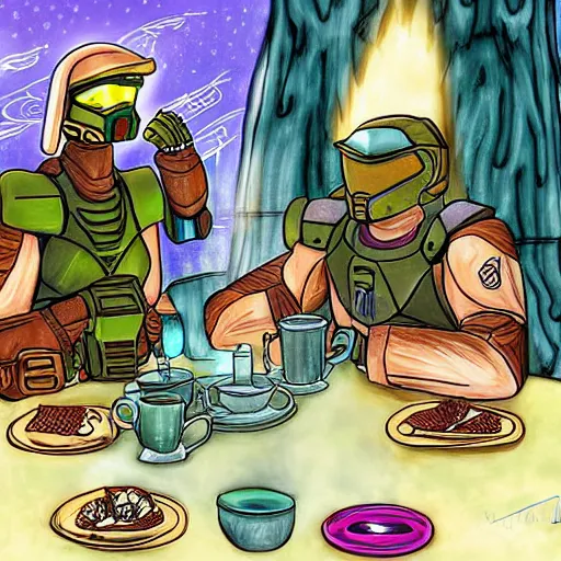 Prompt: Master Chief and The Prophet of Truth having a tea party, digital art