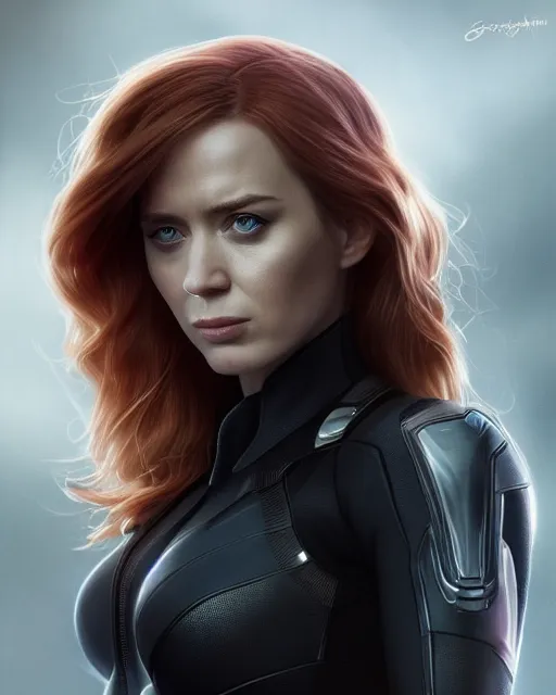 Image similar to 5 5 mm portrait photo of emily blunt as black widow. magical atmosphere. art by artgerm and greg rutkowski. highly detailed 8 k. intricate. lifelike. soft light. nikon d 8 5 0.