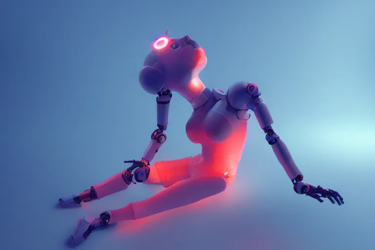 Image similar to a cute robot girl sitting on a cloud relaxing, red lighting, mist, blender render,