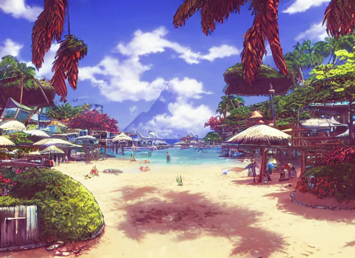 Prompt: Fantasy tropical port town ground view of the beach. hidari, color page, tankoban, 4K, tone mapping, Akihiko Yoshida.