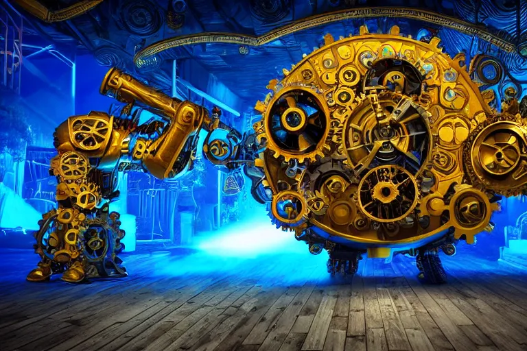 Image similar to scene is fiesta espuma in amnesia ibiza, portrait photo of a giant huge golden and blue metal steampunk robot, with gears and tubes, eyes are glowing red lightbulbs, shiny crisp finish, 3 d render, 8 k, insaneley detailed, fluorescent colors, haluzinogetic, background is multicolored lasershow