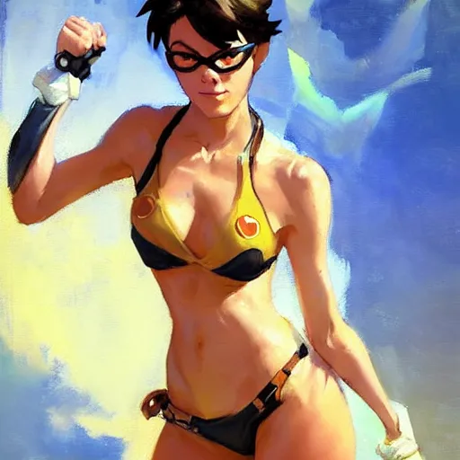 Prompt: greg manchess splashart painting of overwatch's tracer in a bikini
