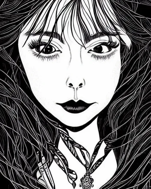 Prompt: style of audrey kawasaki : : gorgeous willa holland : : evil witch, swirling black magic, black dress : : symmetrical face, symmetrical eyes : : full body pose : : gorgeous black hair : : magic lighting, low spacial lighting : :