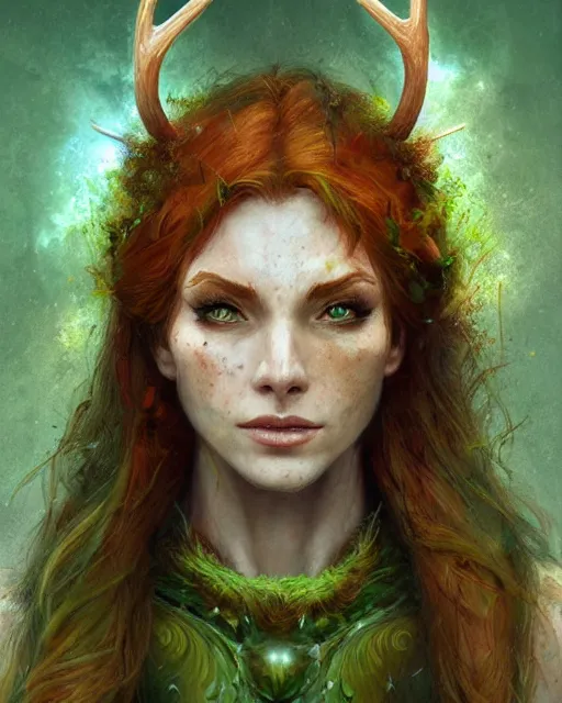 female druid, perfect face, thin antlers, green tunic, | Stable ...