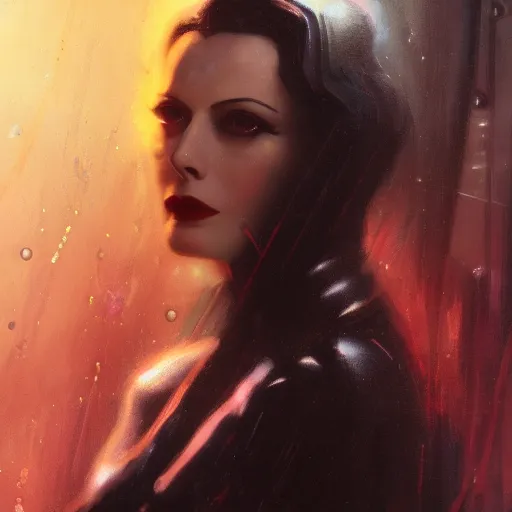 Image similar to young hedy lamarr, neuromancer, cyberpunk, high detail, dramatic light, digital art, dark, promotional art painted by seb mckinnon and greg rutkowski, trending on artstation